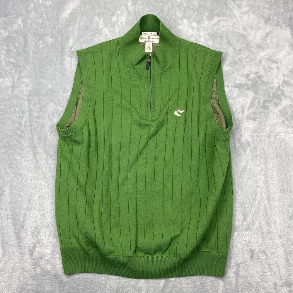 Fairway & Greene Knit Golf Vest Mens Large Green Italian Merino 1/4 Zip Logo